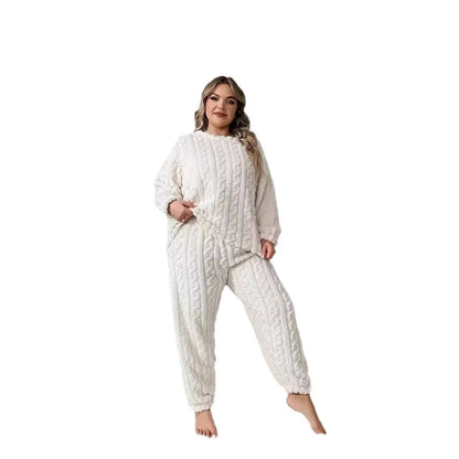 Women's creamy white plush polyester two-piece lounge suit set with crew neck top and matching trousers
