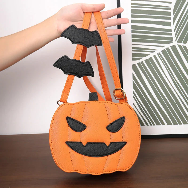 Stylish Halloween crossbody bag with pumpkin cartoon and bat design, available in multiple vibrant colors