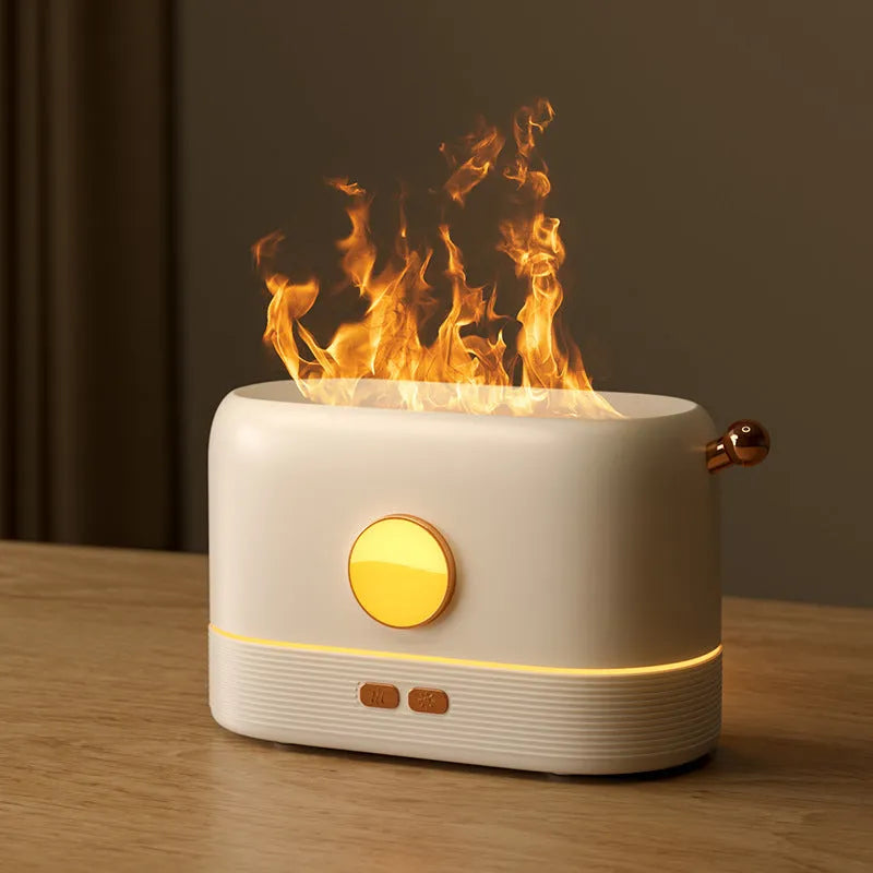 Black USB flame humidifier diffuser with 200ml tank on desktop showing simulation flame effect