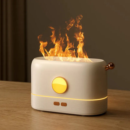 Black USB flame humidifier diffuser with 200ml tank on desktop showing simulation flame effect
