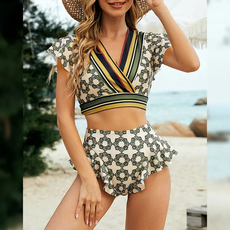 Women's bikini swimsuit with a flounced backless design, lace-up V-neck, high-leg cut, and split styling, made from polyester fibre and spandex swimwear fabric, available in sizes S, M, L, and XL, in a green colour for swimming and wading.