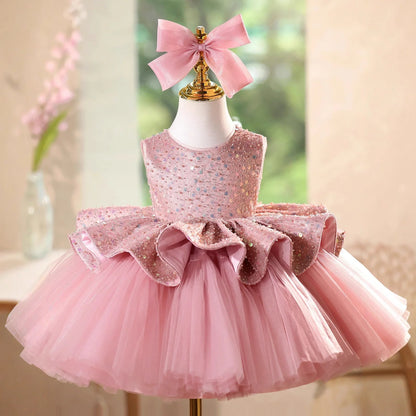 Pink flower girl dress for children with height sizing from 80cm to 150cm