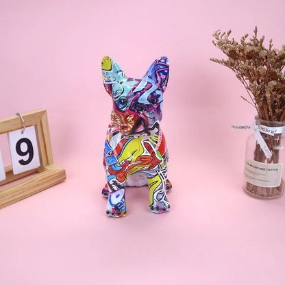 Modern graffiti-coloured resin bulldog statue on a white background.