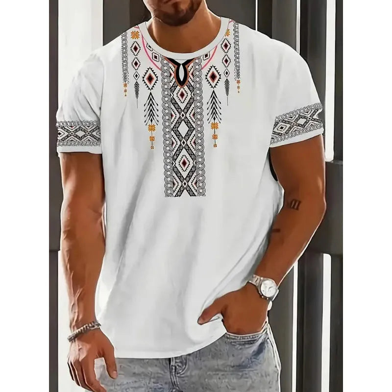 Men's striped casual T-shirt with digital 3D printing in loose fit short sleeve design