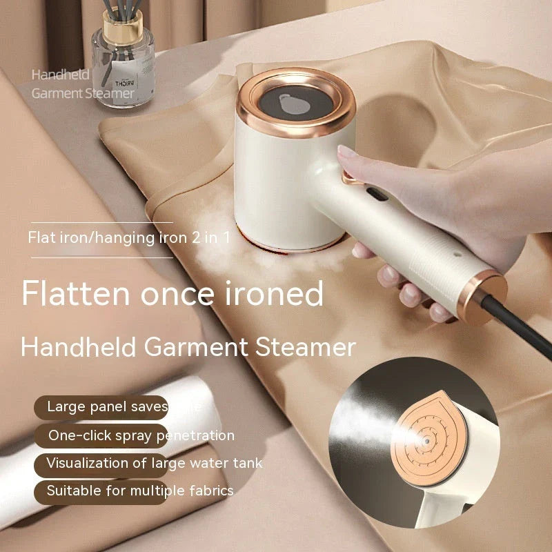 Compact handheld garment steamer with titanium-coated soleplate for quick, wrinkle-free clothing care