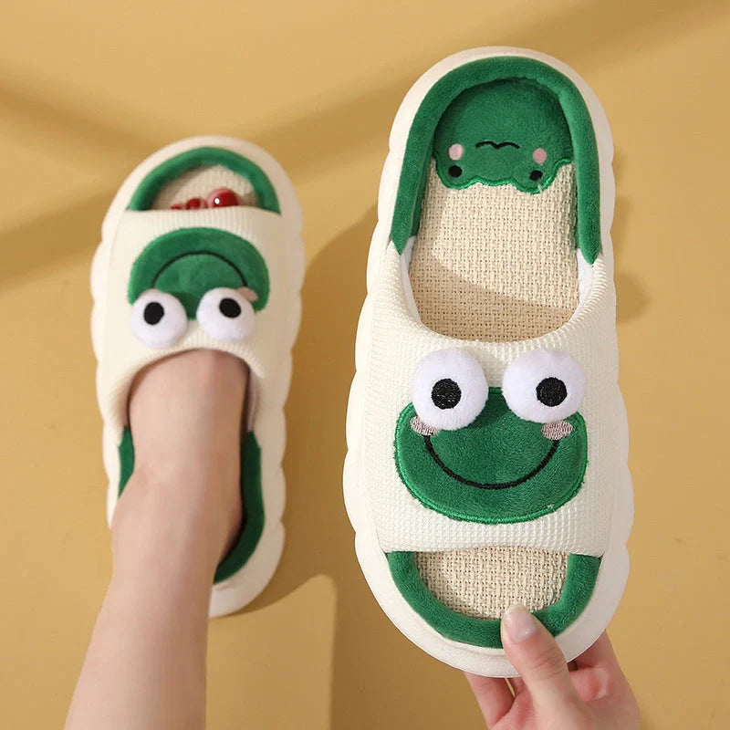 Cartoon Cow Frog Slippers with non-slip soles and linen uppers
