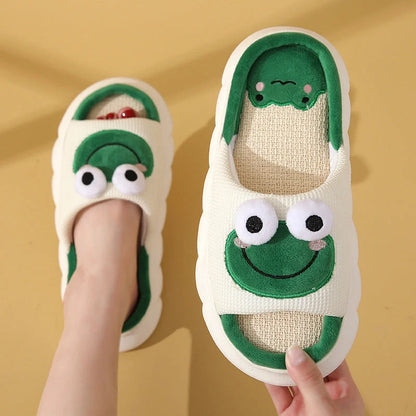 Cartoon Cow Frog Slippers with non-slip soles and linen uppers