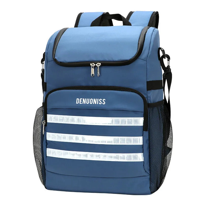 Insulated black cloth backpack with mounted bottle opener on shoulder strap