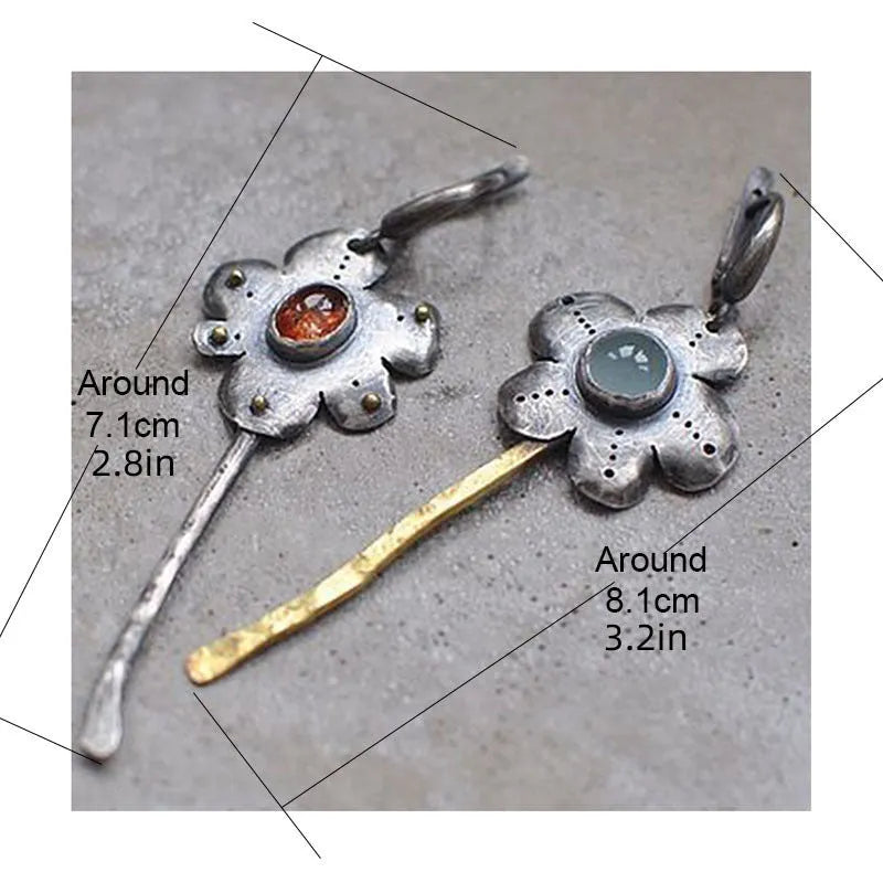 Geometric retro flower earrings with two-tone asymmetrical colour finish on alloy metal