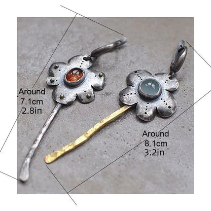Geometric retro flower earrings with two-tone asymmetrical colour finish on alloy metal