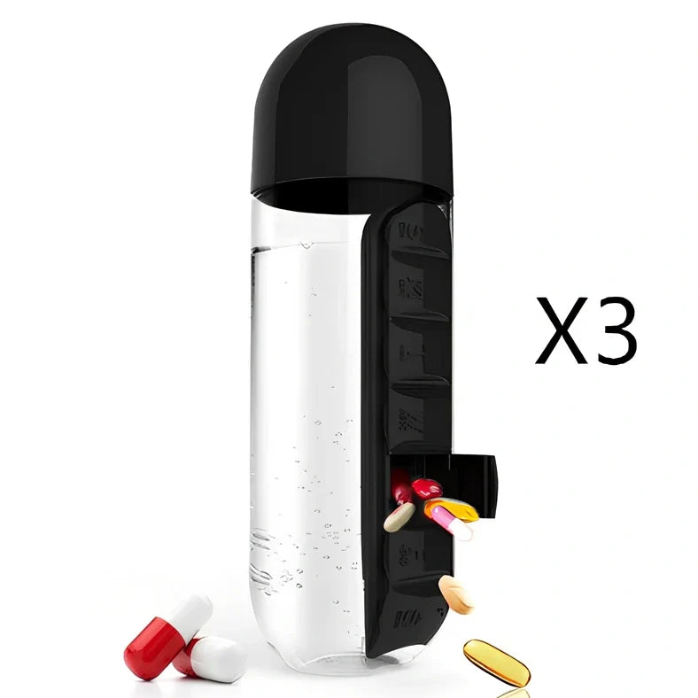 Two-in-one water cup with attached 7-day pill organiser showing daily compartments and screw-top lid