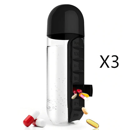 Two-in-one water cup with attached 7-day pill organiser showing daily compartments and screw-top lid