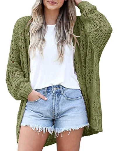 Lightweight acrylic cardigan sweater with V-neck collar in gray, green, black, and beige