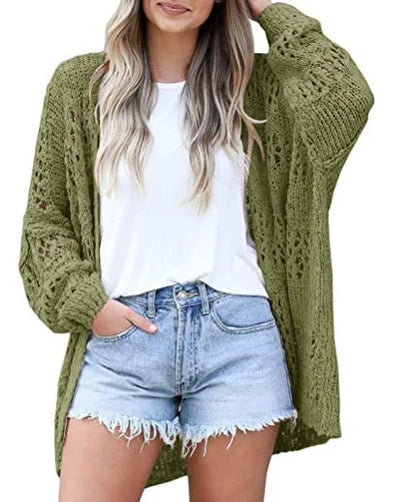 Lightweight acrylic cardigan sweater with V-neck collar in gray, green, black, and beige