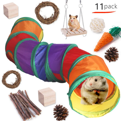 Assortment of wooden and natural fibre chew toys for small pets including balls, rings and woven shapes.