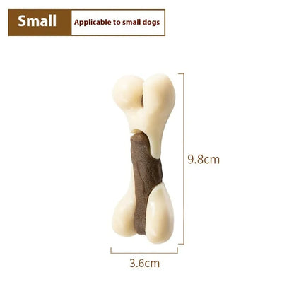 Cowhide and nylon bone grinding rod dog chew toy in foodie bones design, available in two sizes