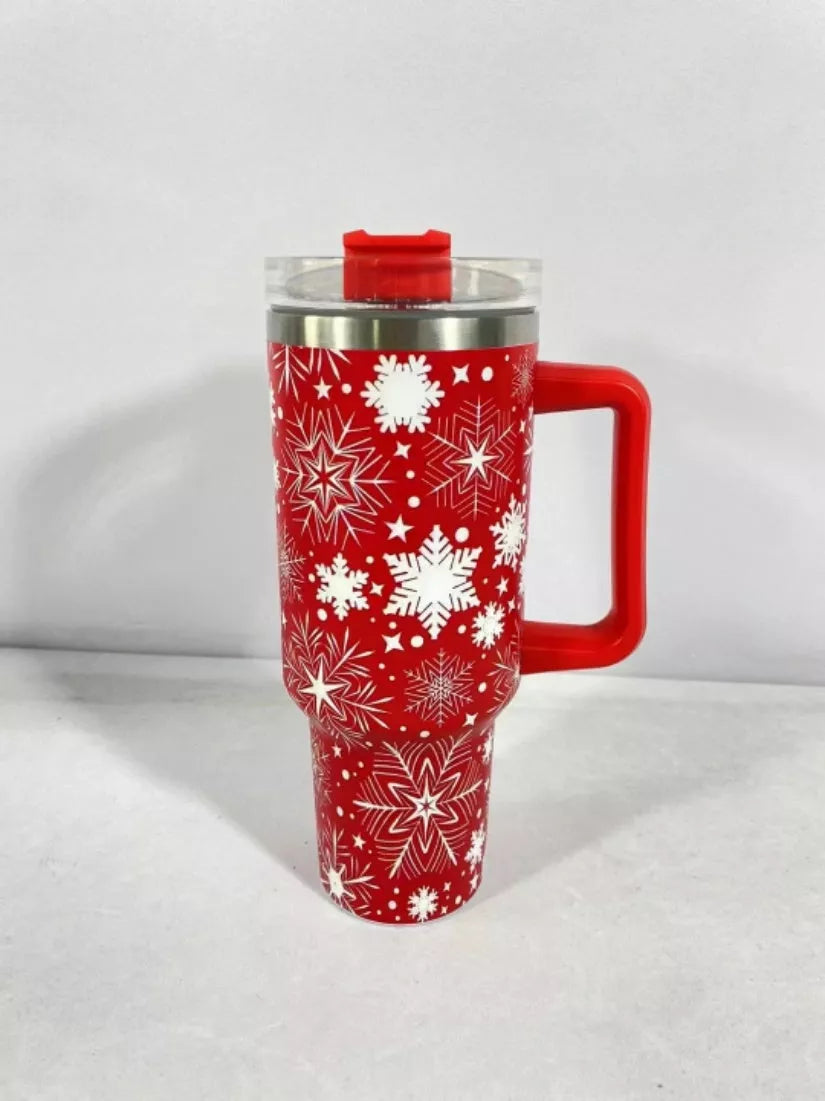 Christmas pattern stainless steel vacuum tumbler with handle and straw