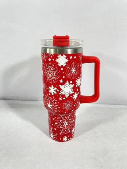 Stainless steel travel tumbler with handle, 1200ml capacity, Christmas pattern design, car cup holder compatible