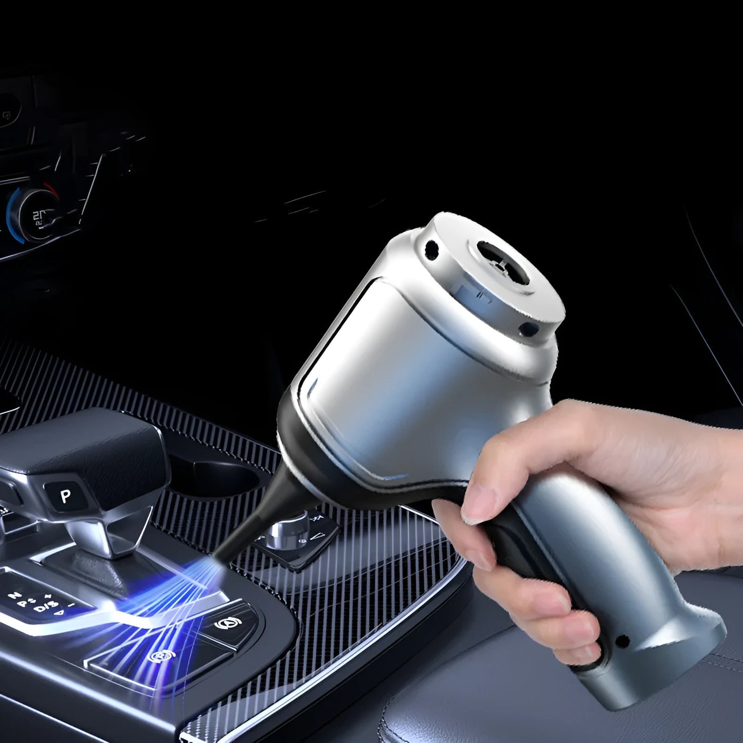 Brushless handheld and vertical car vacuum cleaner with 12000Pa suction, shown with optional EVA storage bag.
