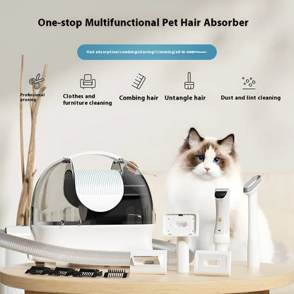 Pink and white pet grooming vacuum cleaner with shear attachment and accessories on a white background.