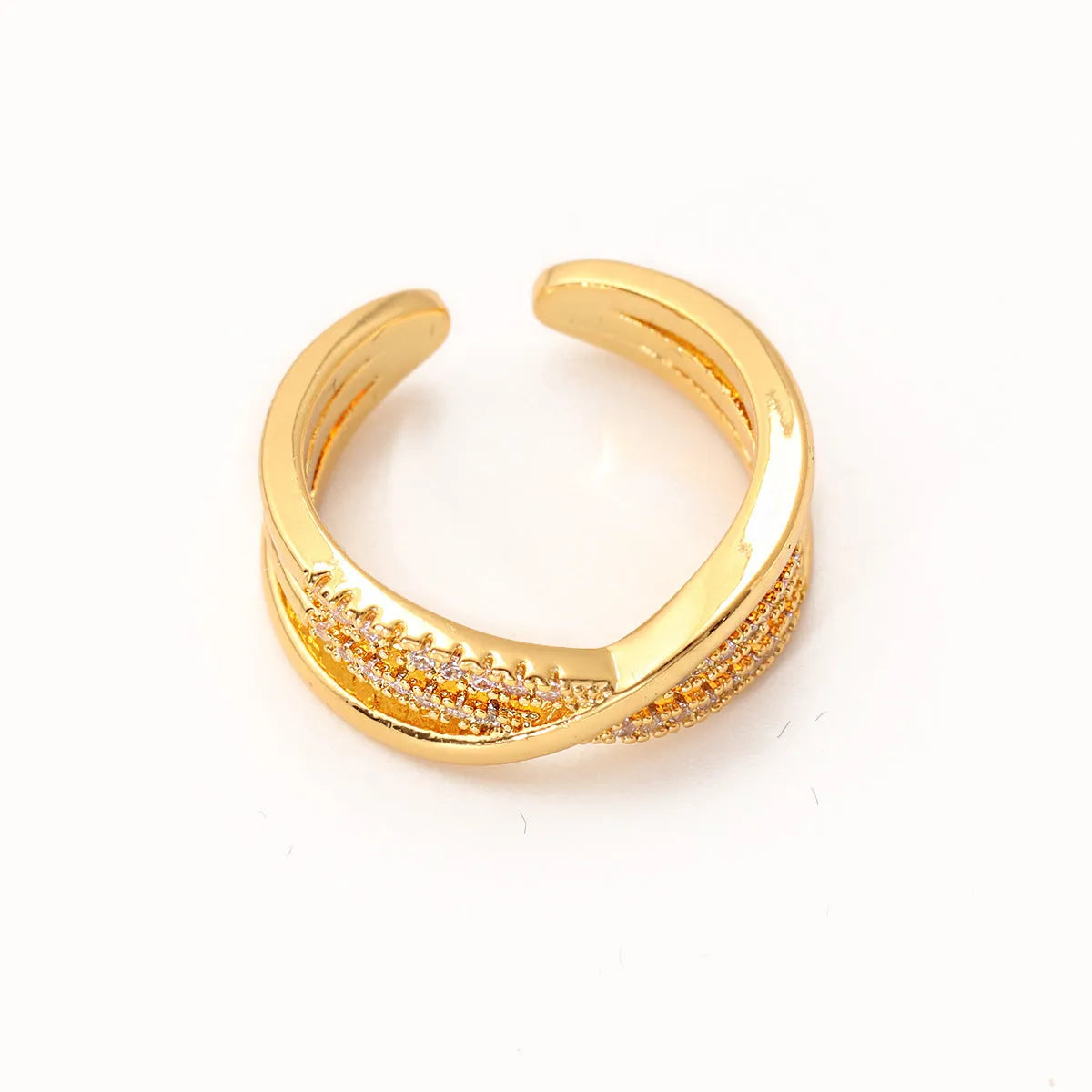 Women's gold electroplated open ring with copper base and geometric line design, single ring