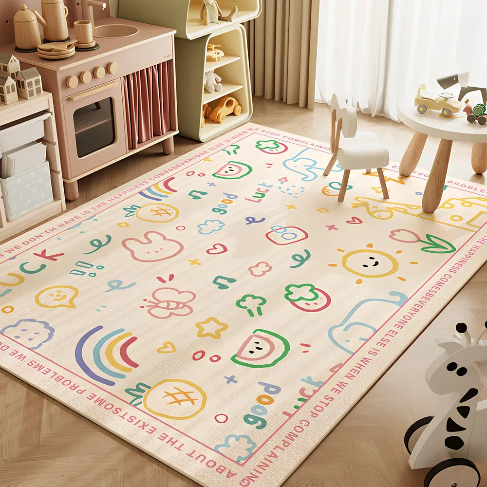 Cartoon animal print geometric pattern polyester carpet available in multiple sizes with hand wash cleaning