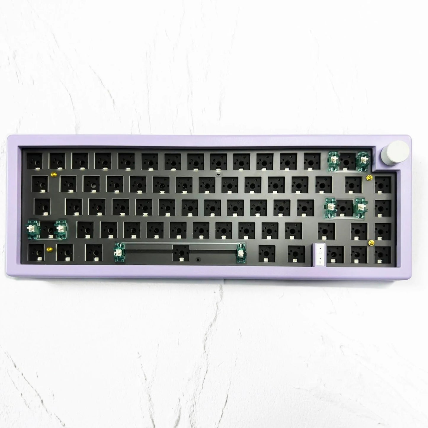Customisable DIY mechanical keyboard kit with RGB backlighting and control knob, shown in multiple colour options