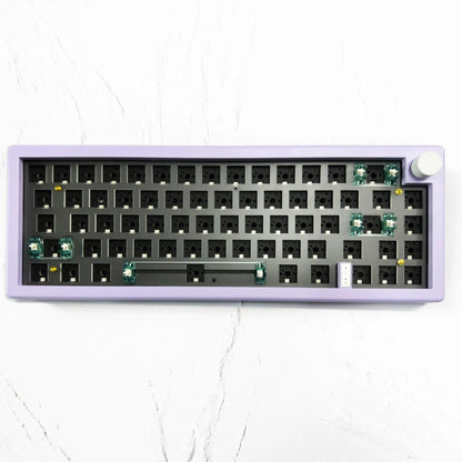 Customisable DIY mechanical keyboard kit with RGB backlighting and control knob, shown in multiple colour options