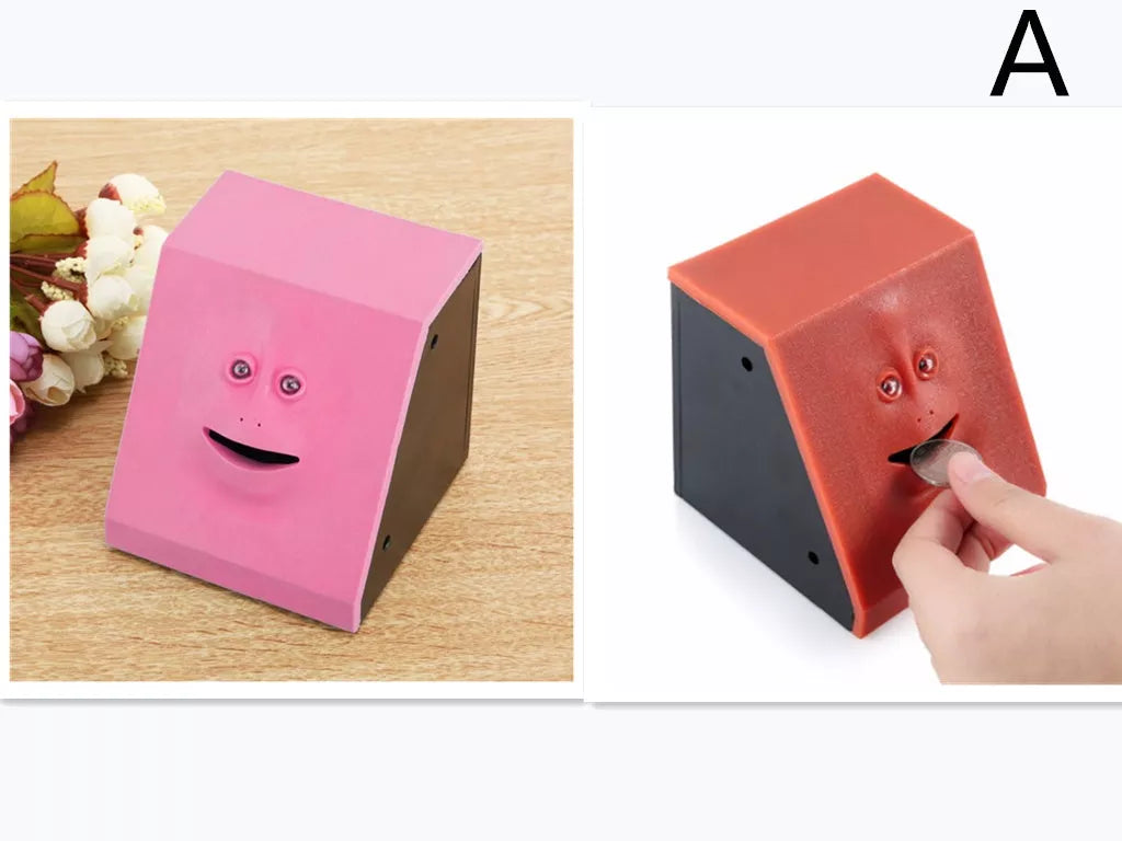 Face Intelligent Induction Electric Piggy Bank with realistic money-eating action in brick blue, pink, or red