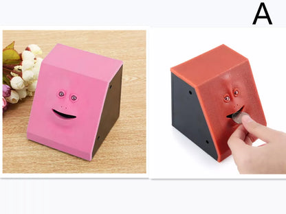 Face Intelligent Induction Electric Piggy Bank with realistic money-eating action in brick blue, pink, or red