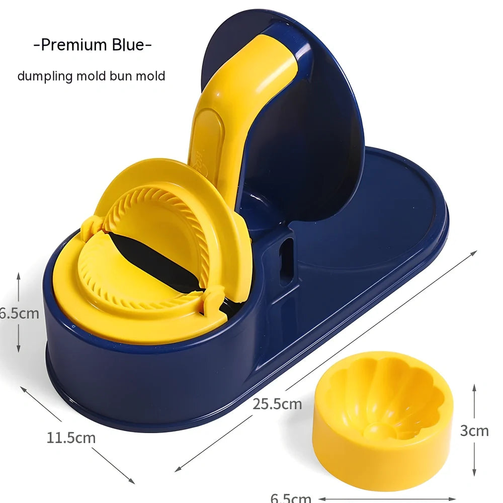 Green dumpling wrapper press machine creating uniform 8cm dough circles on kitchen counter