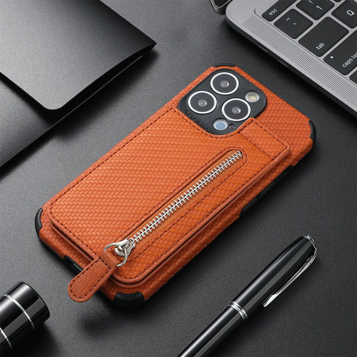 Card holder phone case with wallet bracket and zipper protective sleeve in TPU leather for iPhone models, back cover view