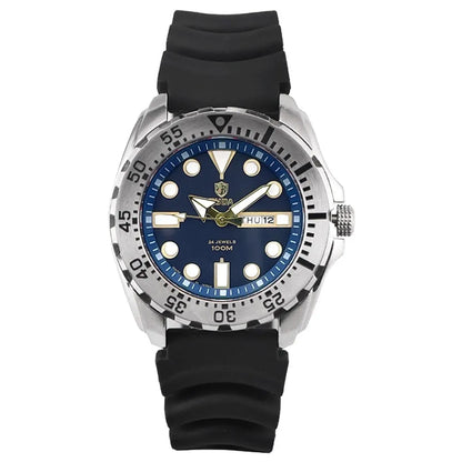 Men's waterproof luminous sports watch showing blue dial with steel strap option