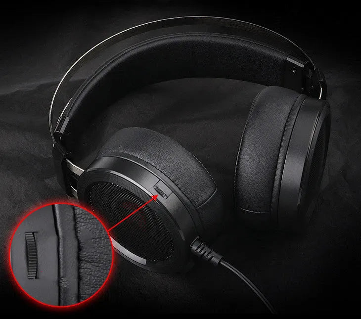Black wired PC gaming headset with over-ear cups and a 3.5mm audio jack.
