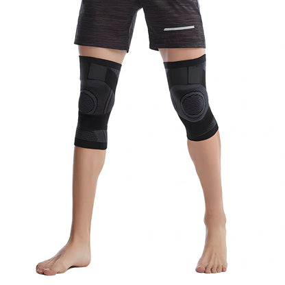 Outdoor sports pressure knee pads in fluorescent green, breathable polyester construction for mountaineering and cycling