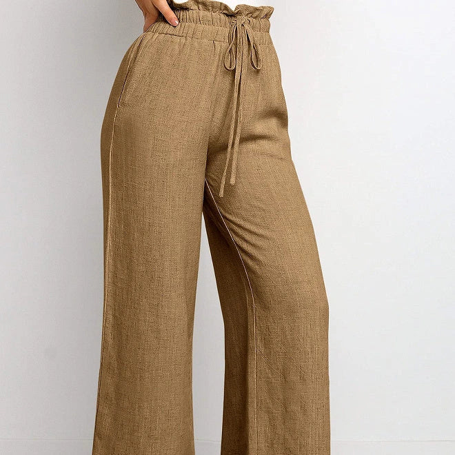Elastic waistband lace-up wide leg cropped pants in solid colors, showcasing versatile style and comfort