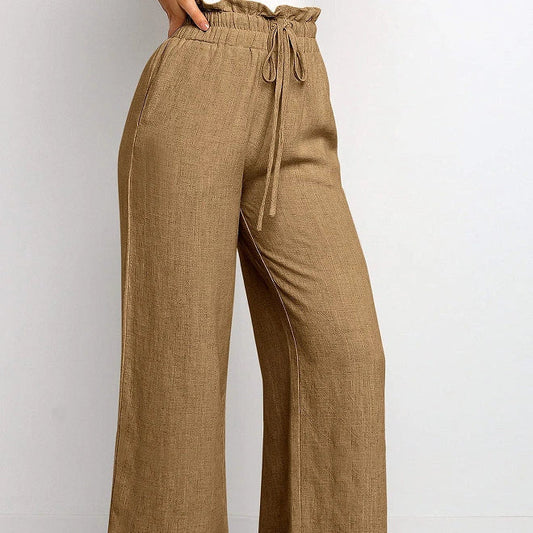 Elastic waistband lace-up wide leg cropped pants in solid colors, showcasing versatile style and comfort