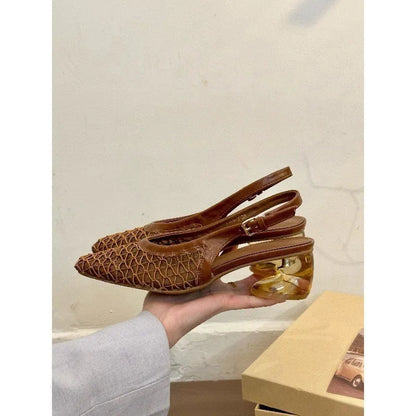 Women's brown square toe sandals with woven detail and a slingback strap.