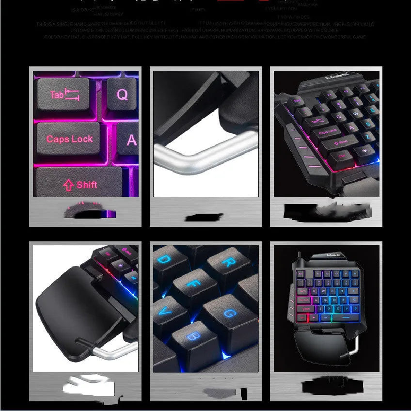 Black left-handed one-handed desktop gaming keyboard with USB cable and integrated hand rest