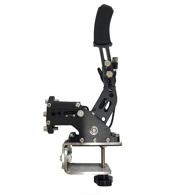 Black USB handbrake controller for PC racing games with a metal mounting clamp.