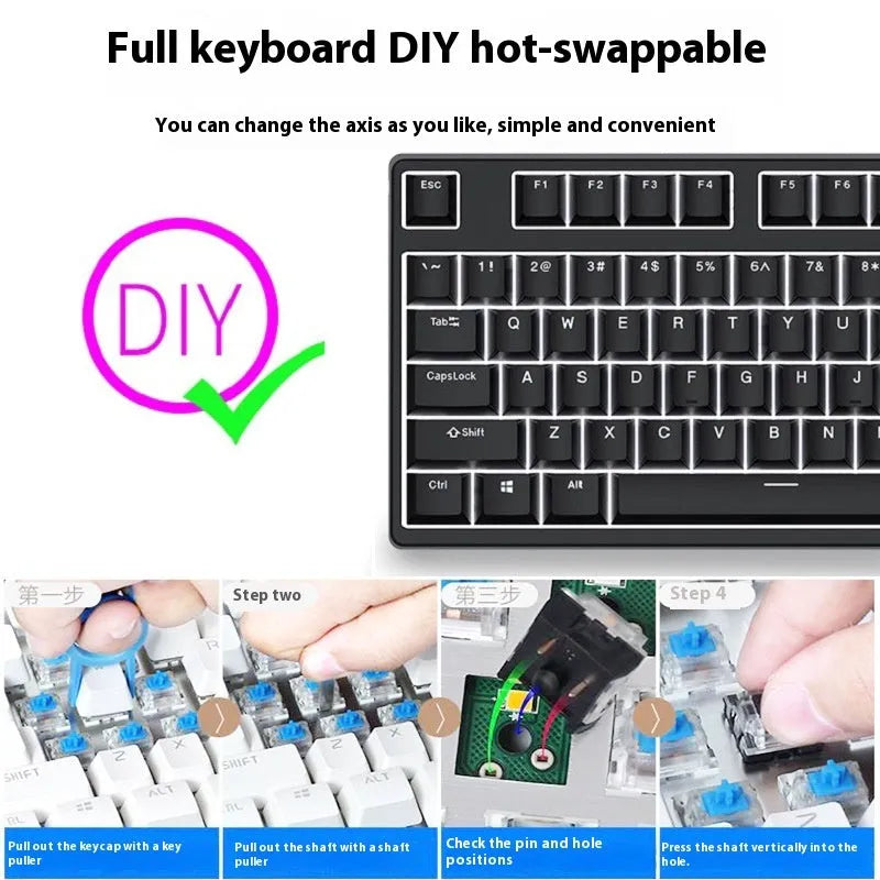 87-key mechanical keyboard with two-tone coloured keycaps on metal case