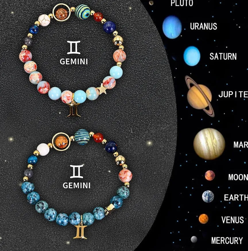 Set of two natural stone beaded bracelets showing zodiac sign designs on an elastic cord.