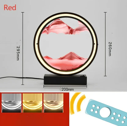 Black and white quicksand table lamp, 295mm tall with LED lights and remote control, coloured sand in glass chamber