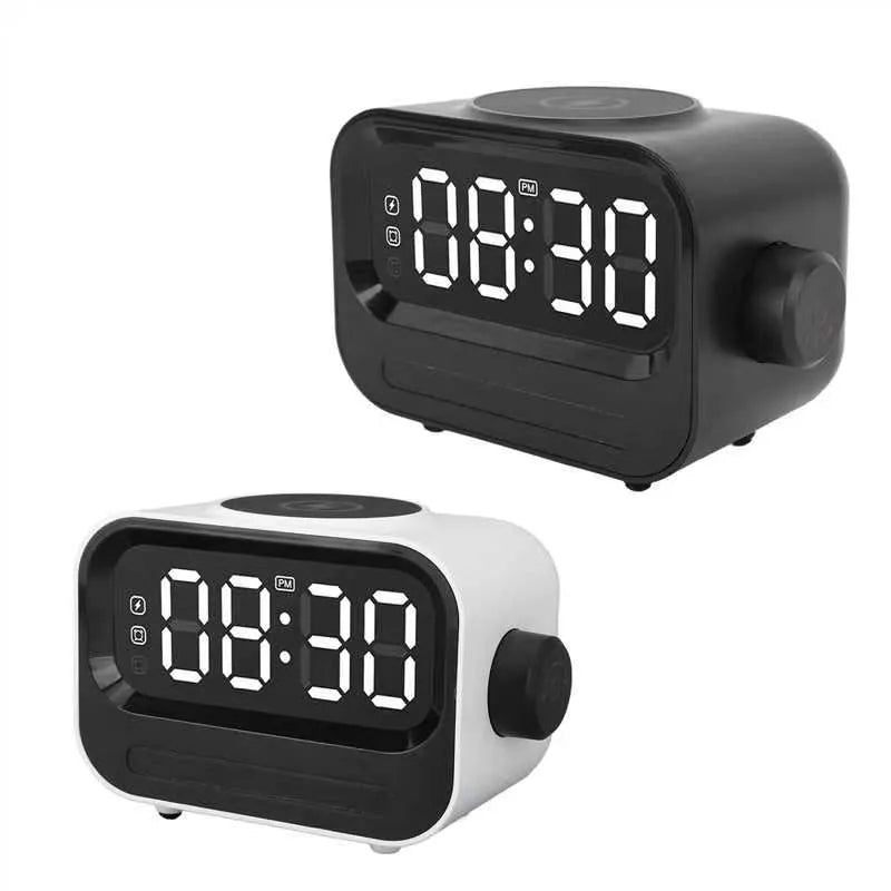 Three-in-one digital alarm clock with atmosphere light and speaker, black or white, 1200 mAh battery