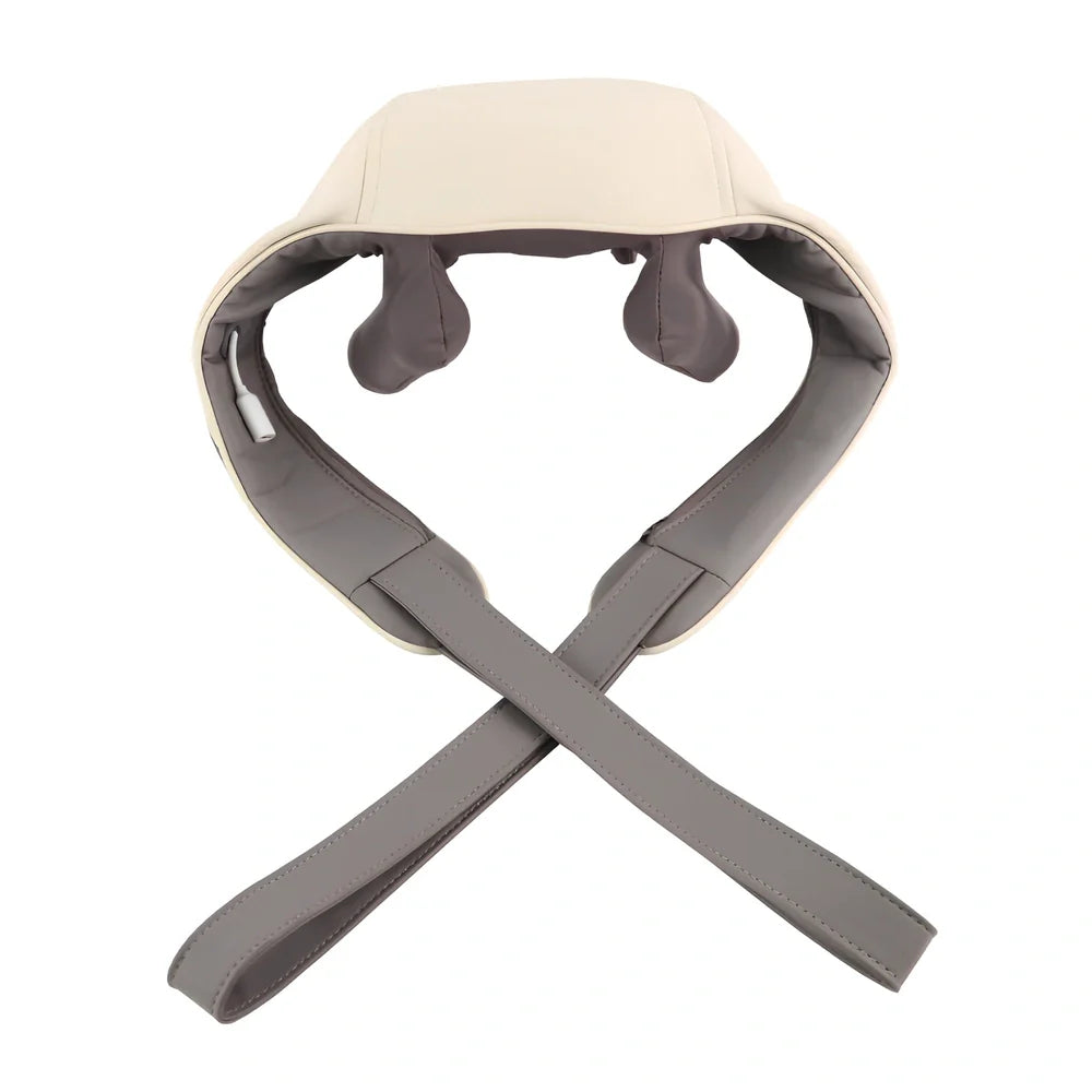 White and grey electric shoulder massager strap with adjustable length showing massage nodes and control button