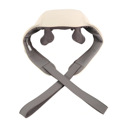 White and grey electric shoulder massager strap with adjustable length showing massage nodes and control button