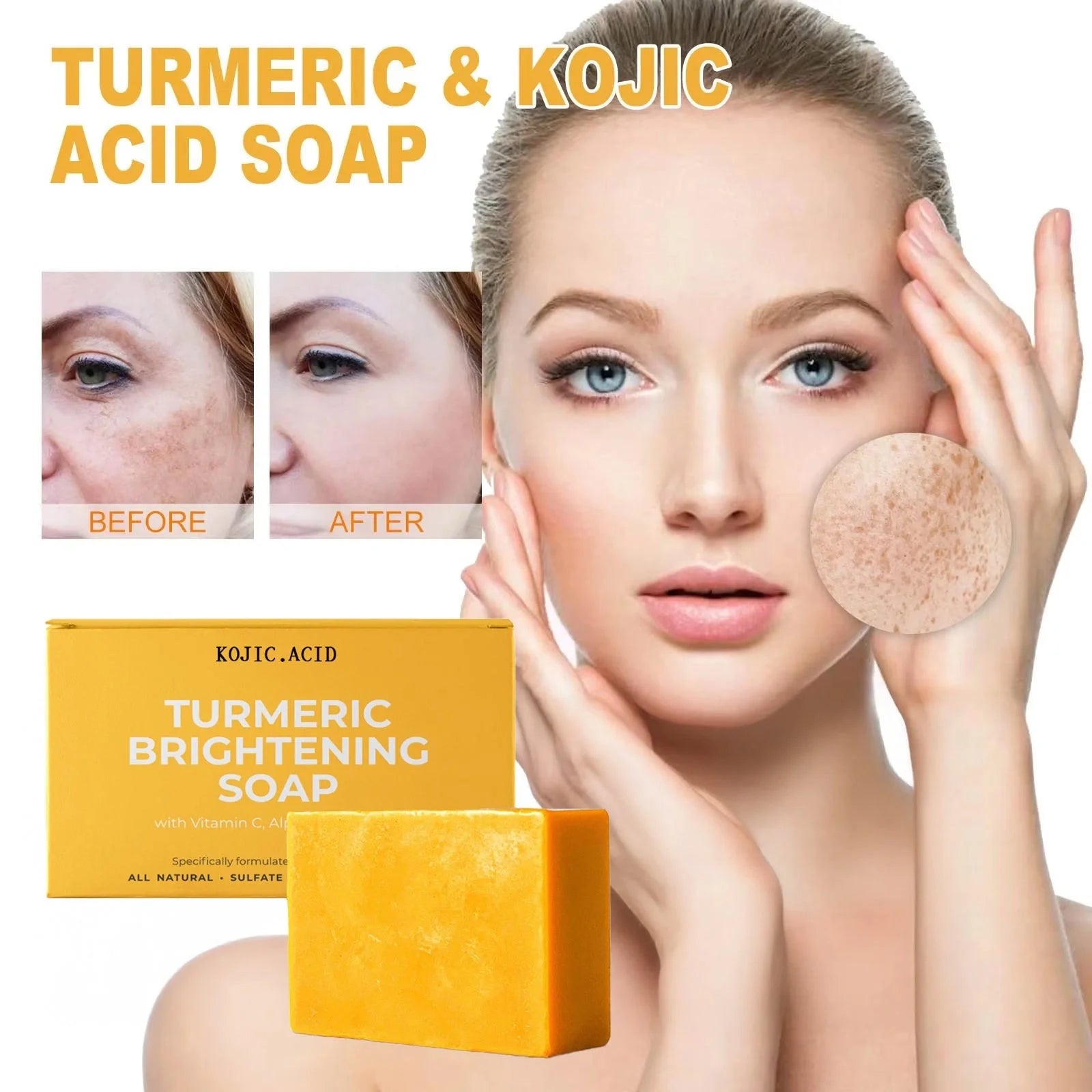 Natural Turmeric Kojic Soap for brightening and moisturizing skin, handmade with natural ingredients.
