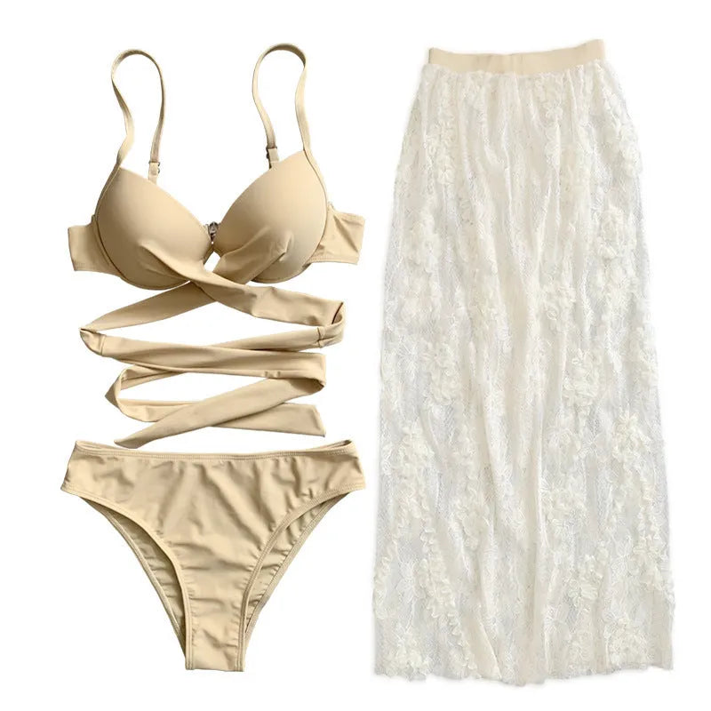 Women's three-piece backless push-up bikini set in creamy white, reddish brown or white colours