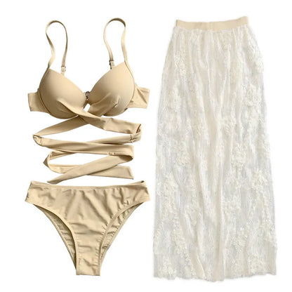 Women's three-piece backless push-up bikini set in creamy white, reddish brown or white colours
