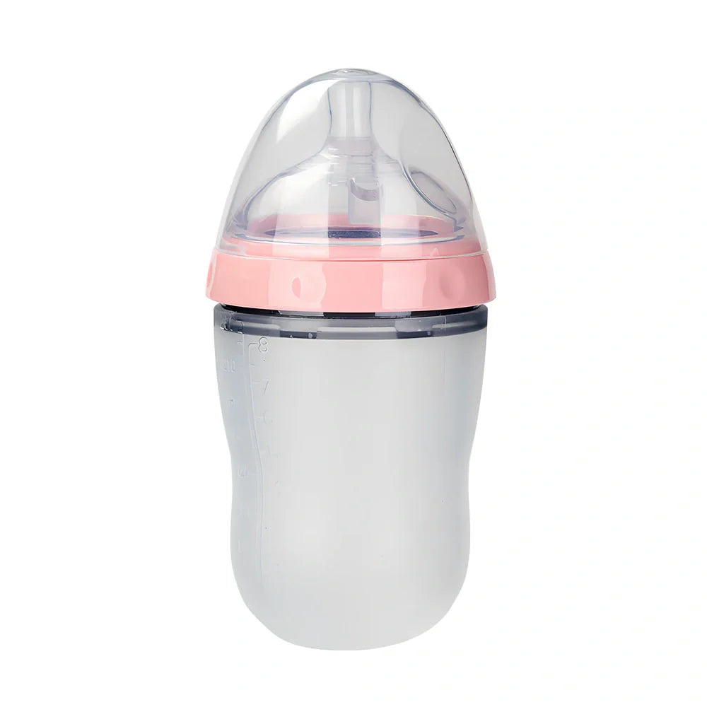 Pink and green silicone baby feeding bottles showing 4cm wide opening and soft flexible construction